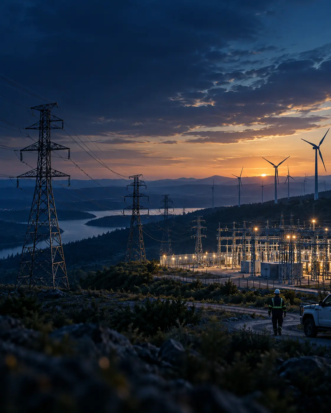 Power grid and renewable energy infrastructure at sunset
