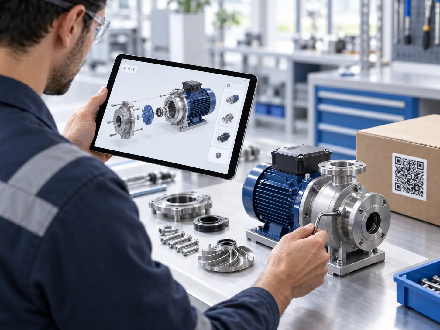 Technician assembling an industrial pump with interactive 3D guidance on a tablet