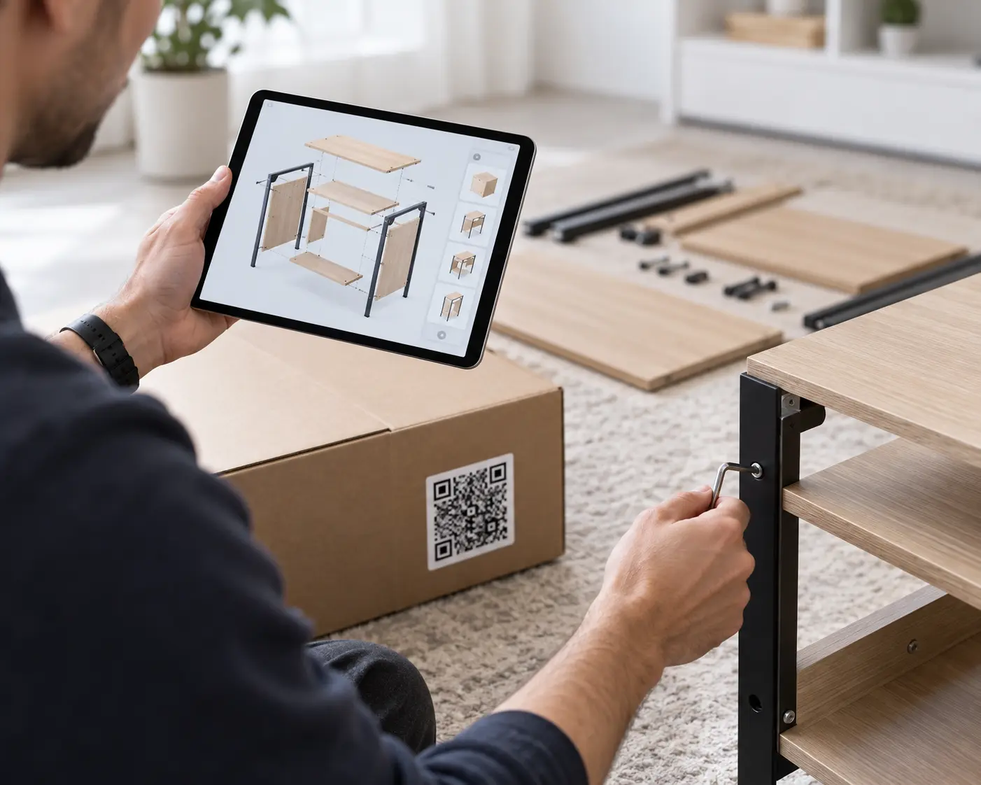 Interactive 3D furniture assembly instructions on a tablet
