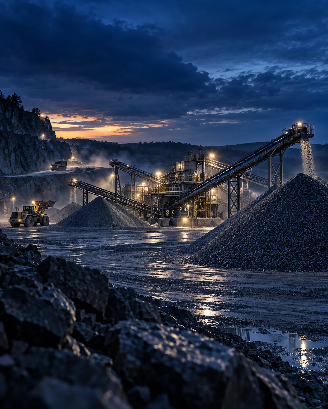 Mining and aggregates crushing plant at dusk